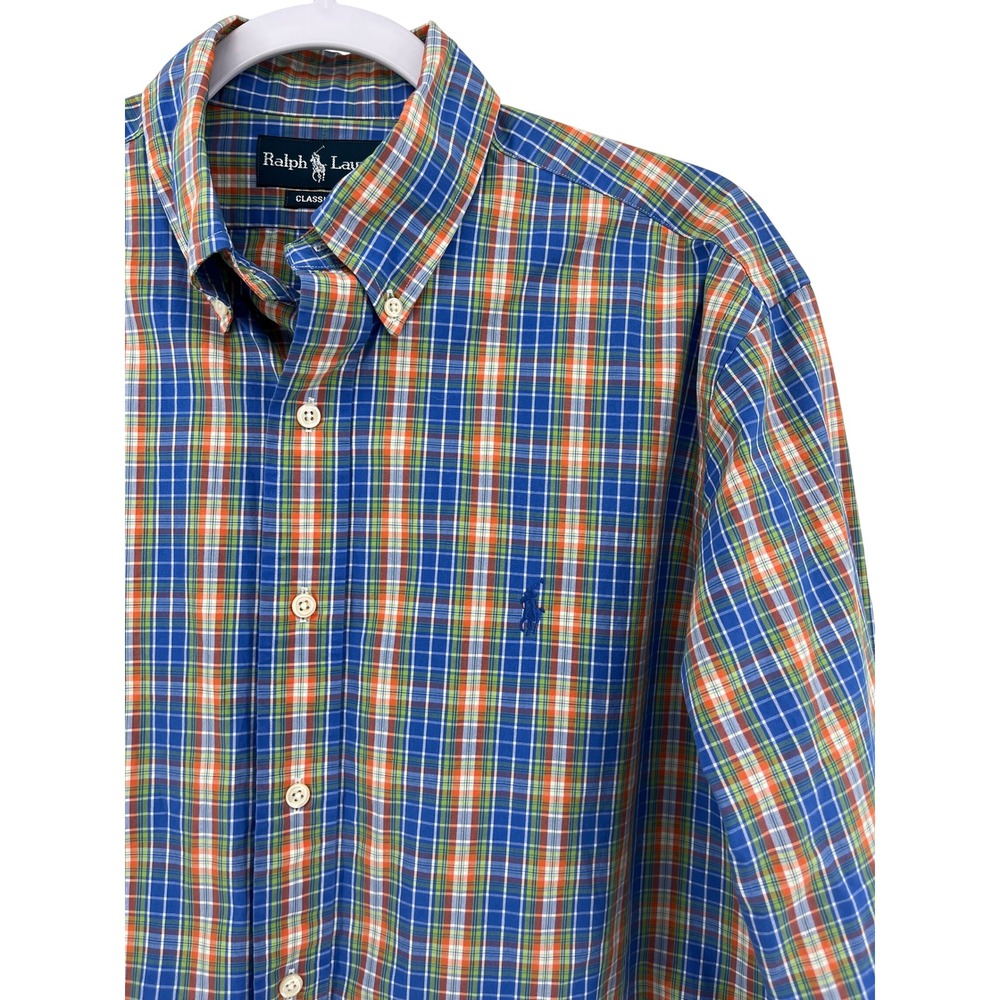 Ralph Lauren Classic Fit Plaid‎ Button Down Shirt Men's Blue Orange 16 32/33